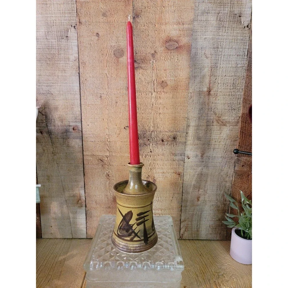 Asain Design Signed Candle Holder Pottery
